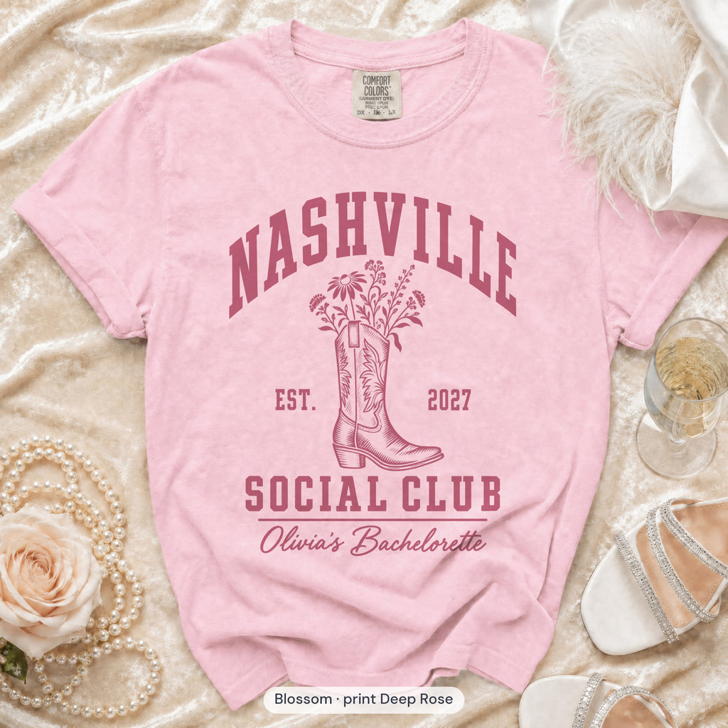 Blossom Nashville Social Club bachelorette crew t-shirt, print in deep rose