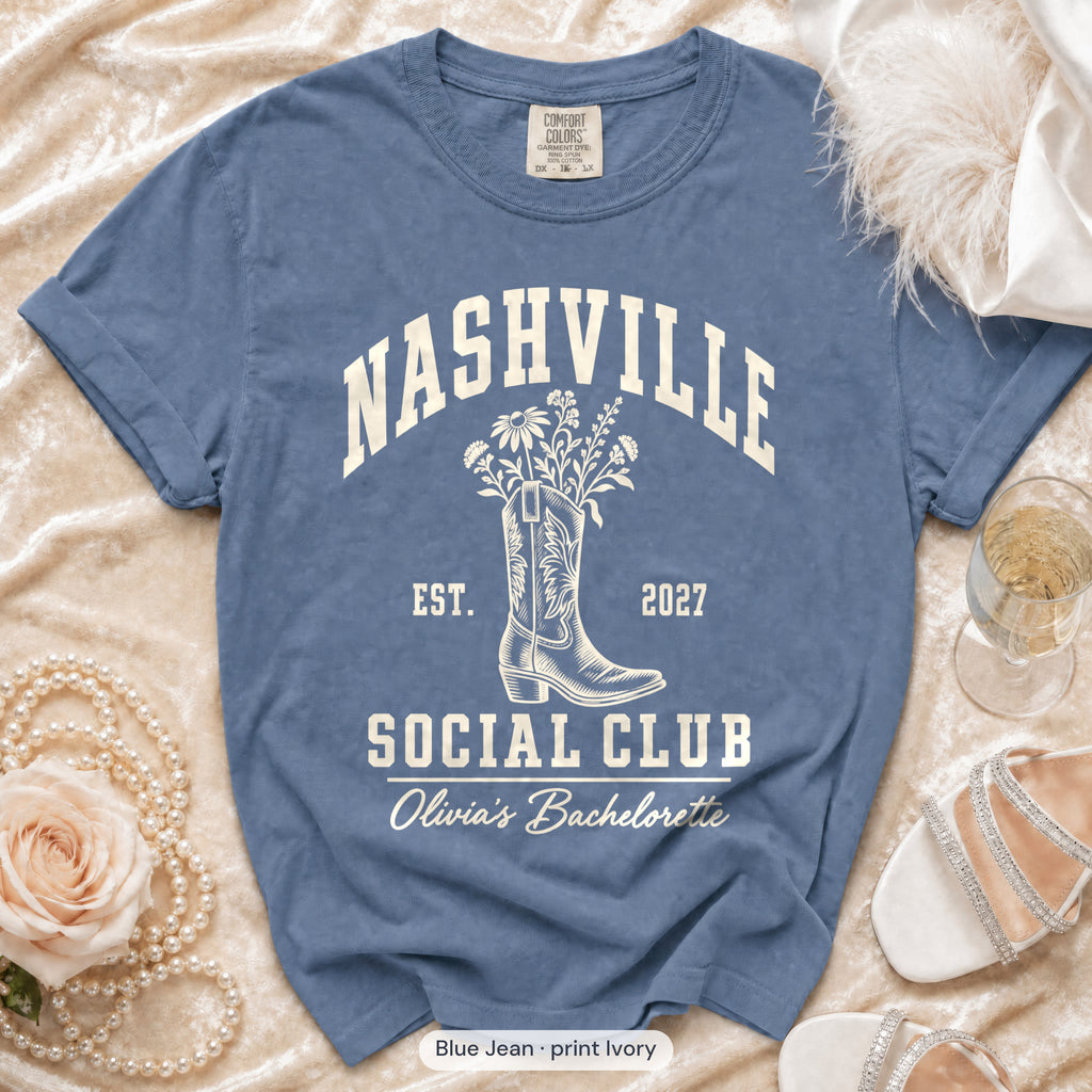 Blue Jean Nashville Social Club bachelorette crew t-shirt, print in ivory