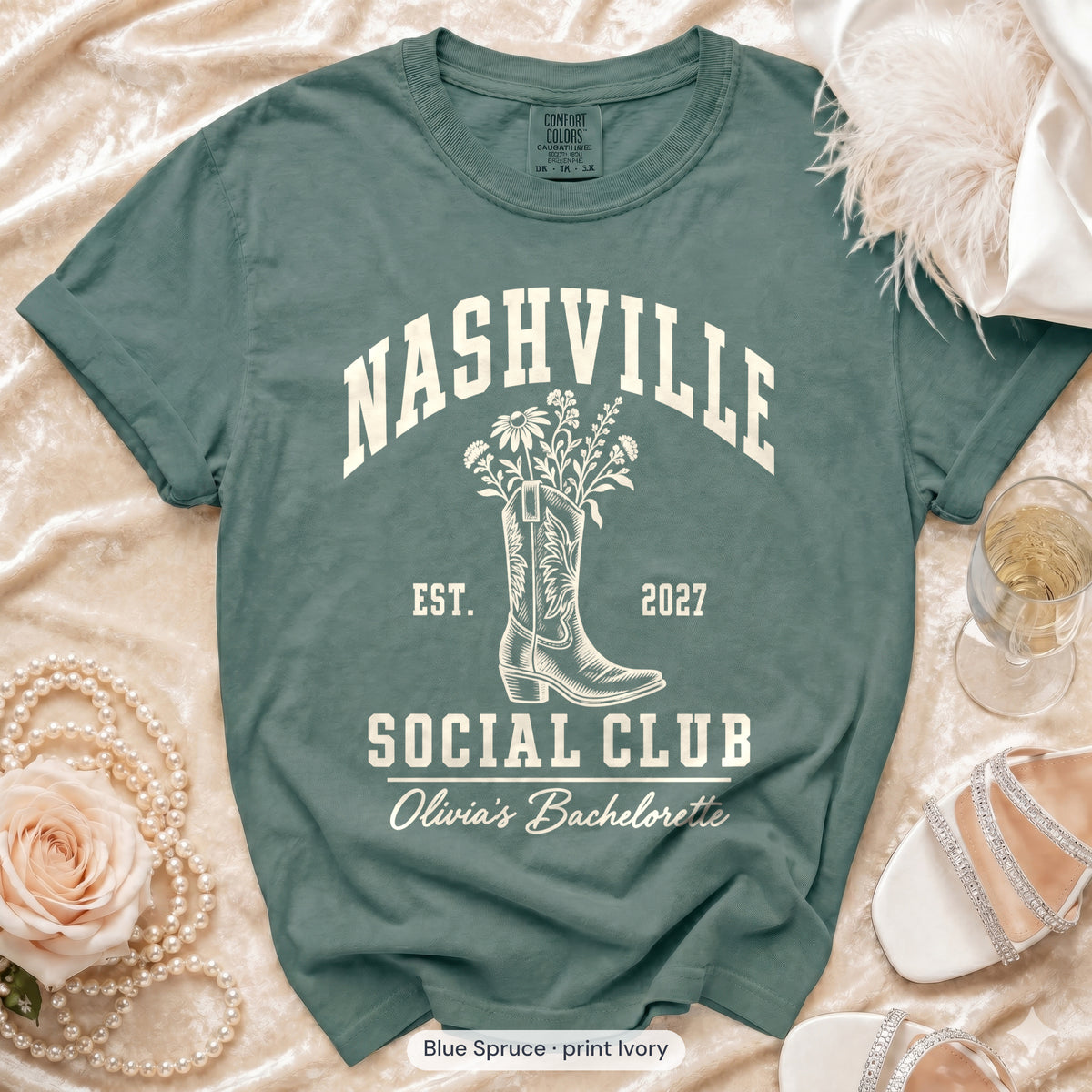 Blue Spruce Nashville Social Club bachelorette crew t-shirt, print in ivory