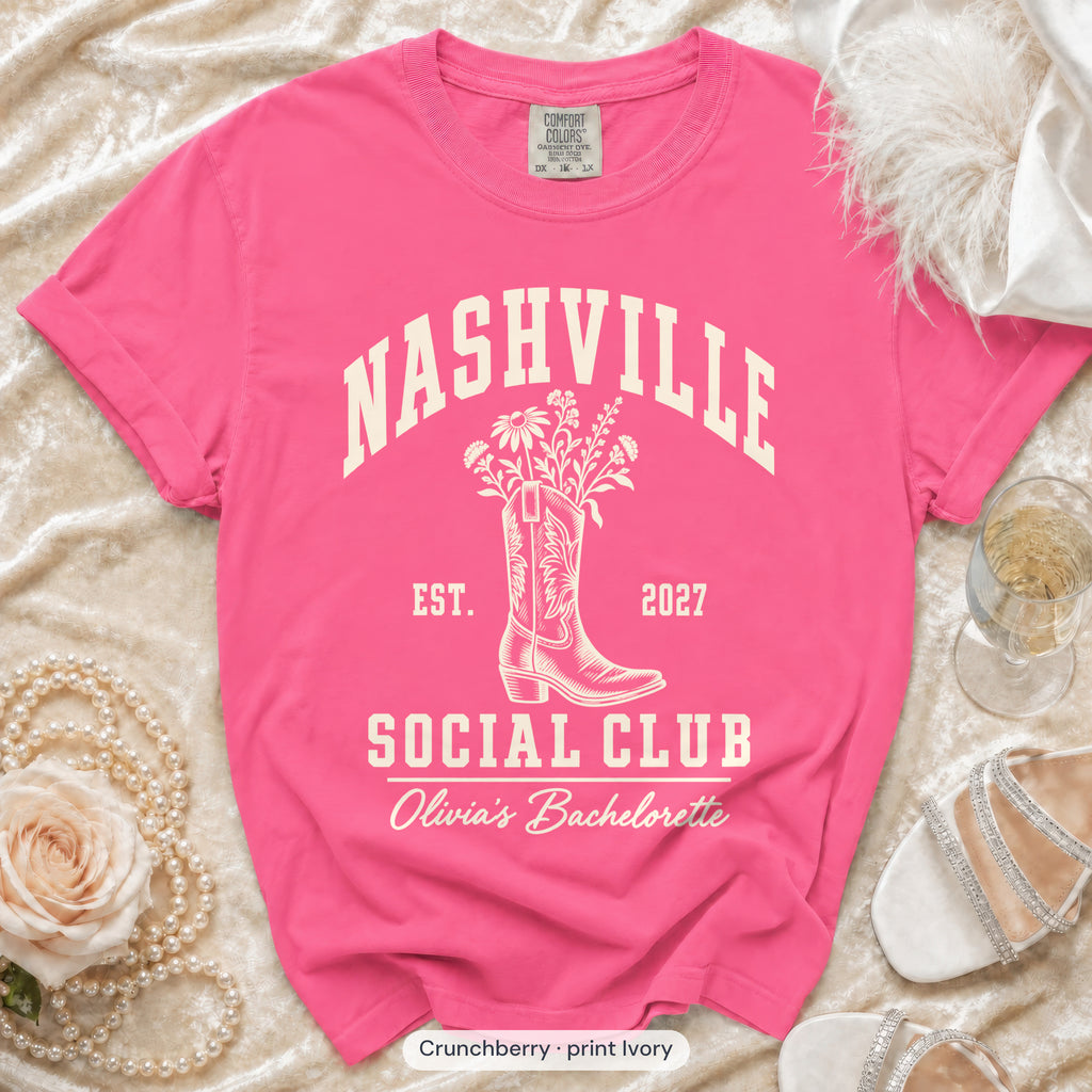 Crunchberry Nashville Social Club bachelorette crew t-shirt, print in ivory