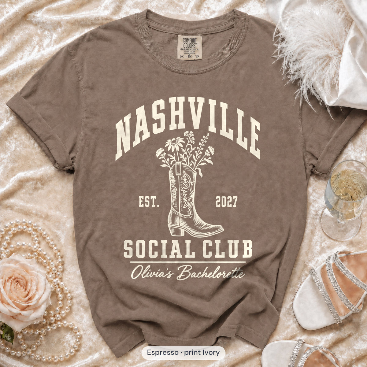 Espresso Nashville Social Club bachelorette crew t-shirt, print in ivory