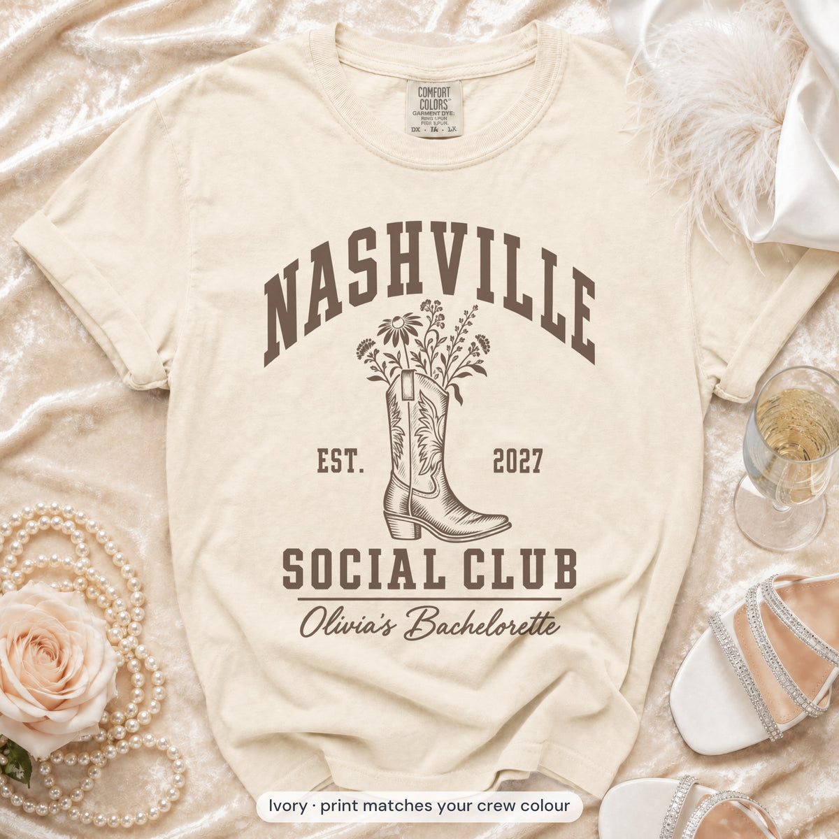 Ivory Nashville Social Club bride t-shirt, print matches your crew colour