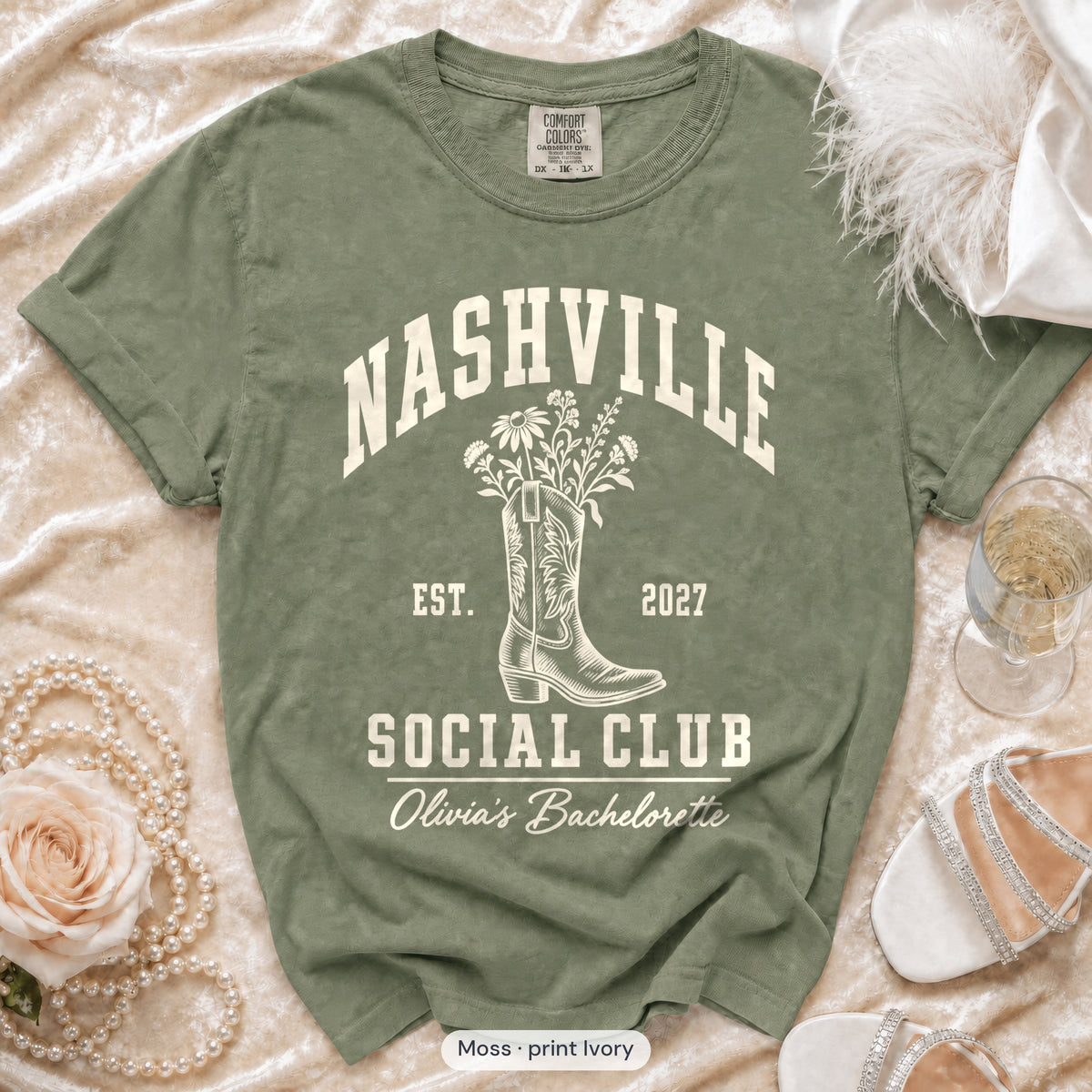 Moss Nashville Social Club bachelorette crew t-shirt, print in ivory