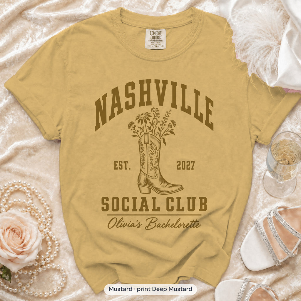 Mustard Nashville Social Club bachelorette crew t-shirt, print in deep mustard