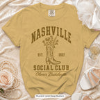Mustard Nashville Social Club bachelorette crew t-shirt, print in deep mustard