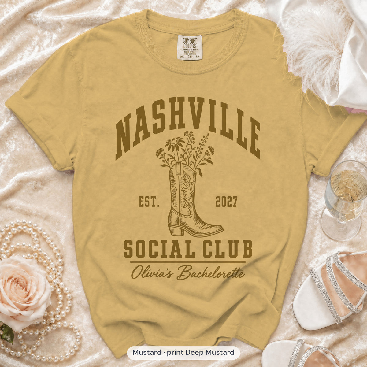 Mustard Nashville Social Club bachelorette crew t-shirt, print in deep mustard