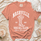Terracotta Nashville Social Club bachelorette crew t-shirt, print in white