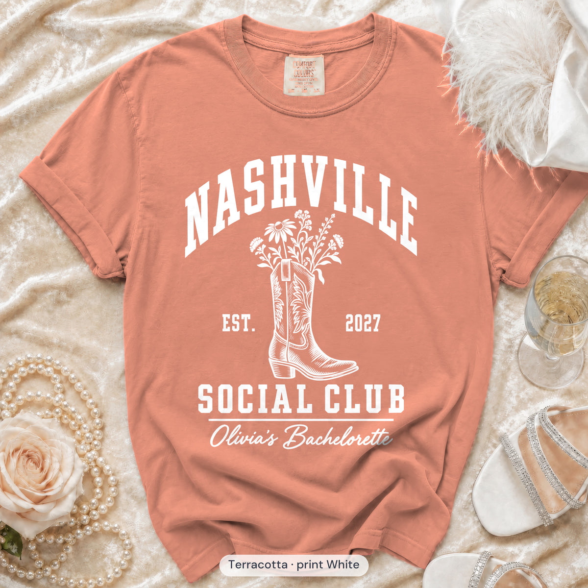 Terracotta Nashville Social Club bachelorette crew t-shirt, print in white