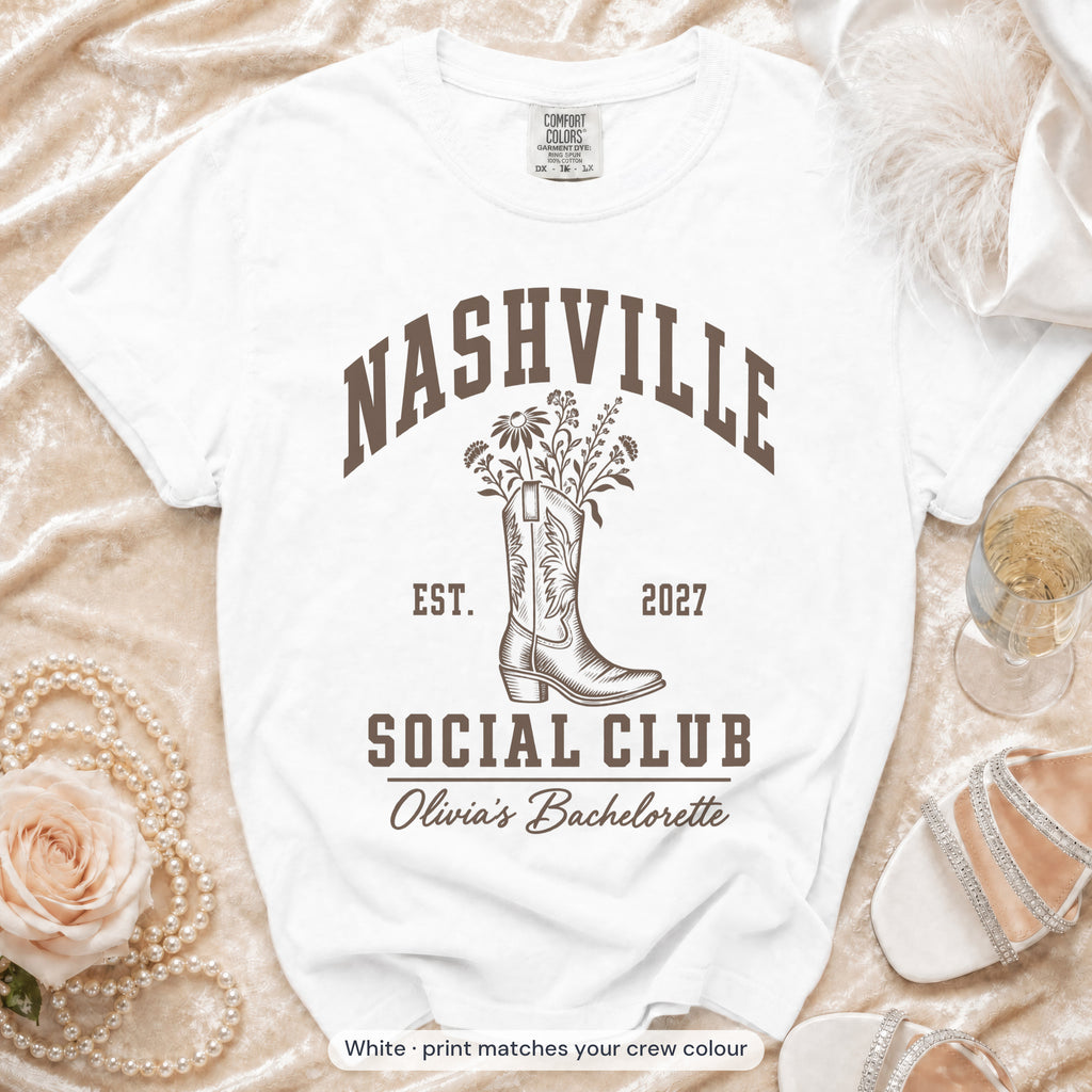 White Nashville Social Club bride t-shirt, print matches your crew colour