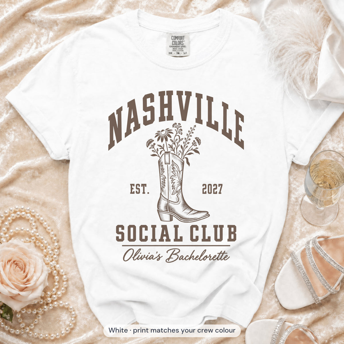 White Nashville Social Club bride t-shirt, print matches your crew colour