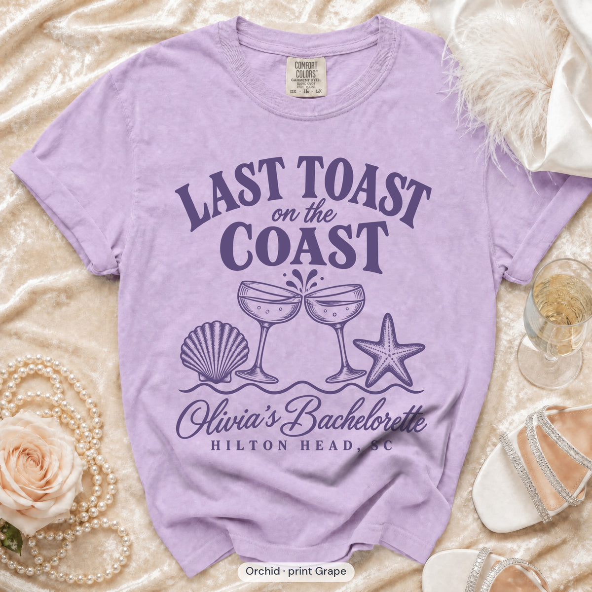 Orchid Last Toast on the Coast bachelorette t-shirt, print in grape