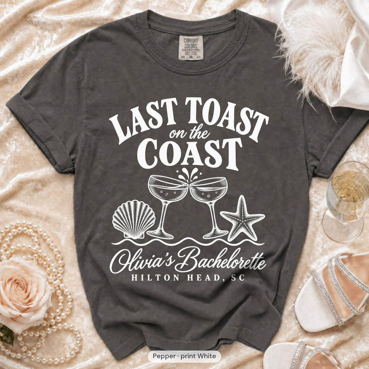 Pepper Last Toast on the Coast bachelorette t-shirt, print in white