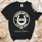 Black Saddlin' Up & Settlin' Down bachelorette crew t-shirt, print in ivory
