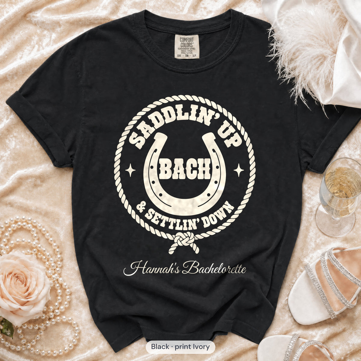Black Saddlin' Up & Settlin' Down bachelorette crew t-shirt, print in ivory