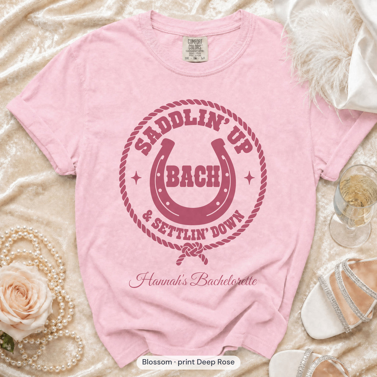 Blossom Saddlin' Up & Settlin' Down bachelorette crew t-shirt, print in deep rose