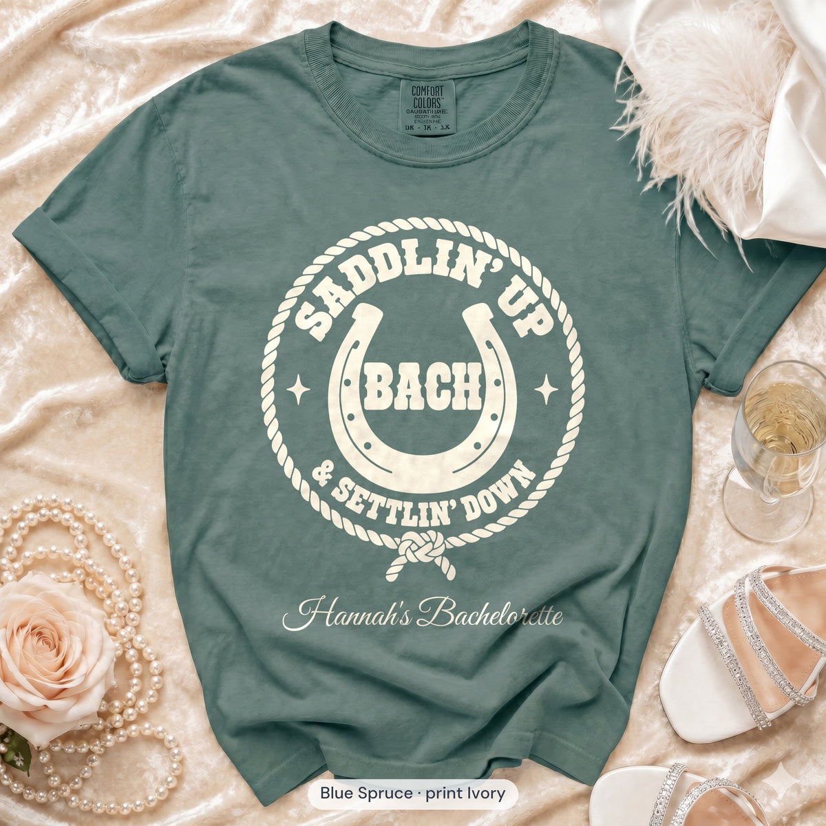 Blue Spruce Saddlin' Up & Settlin' Down bachelorette crew t-shirt, print in ivory