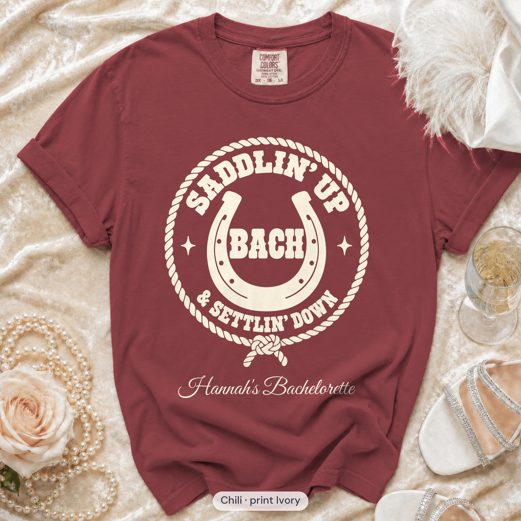 Chili Saddlin' Up & Settlin' Down bachelorette crew t-shirt, print in ivory