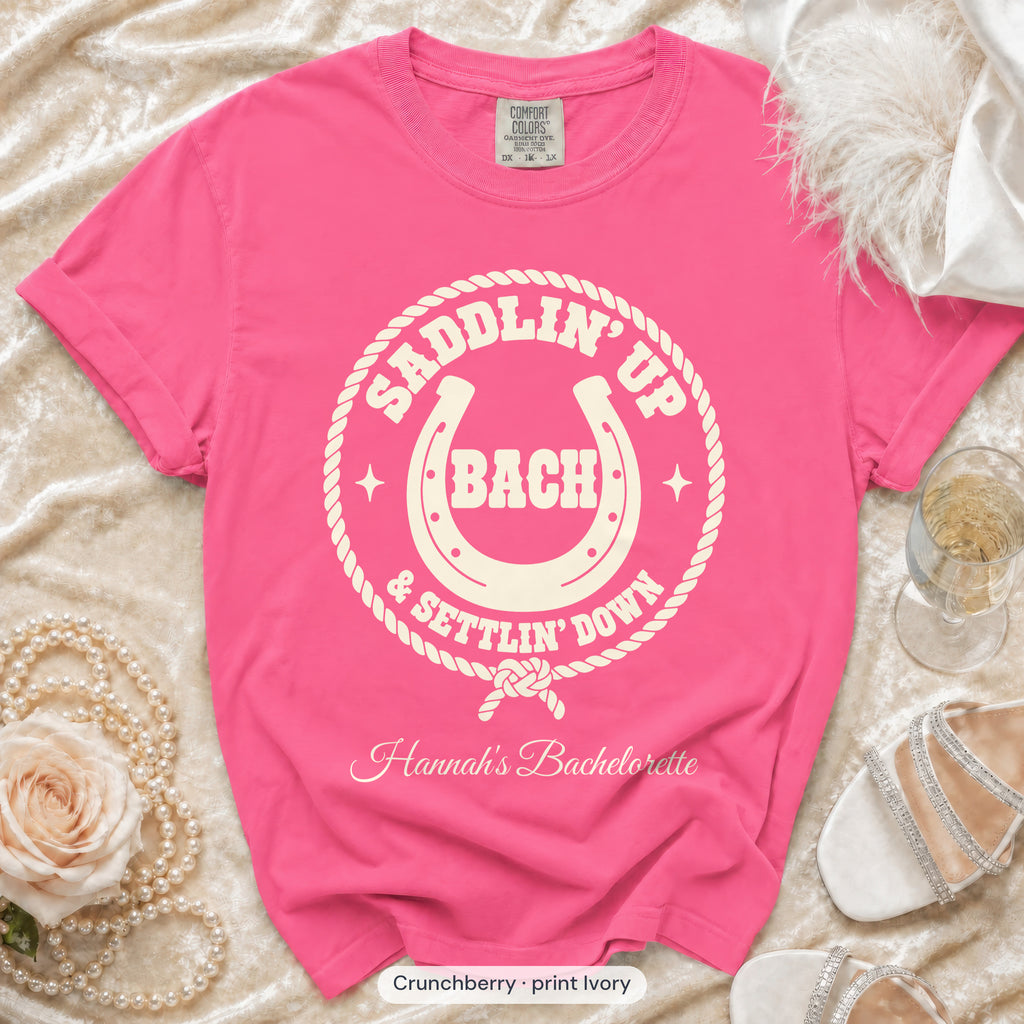 Crunchberry Saddlin' Up & Settlin' Down bachelorette crew t-shirt, print in ivory