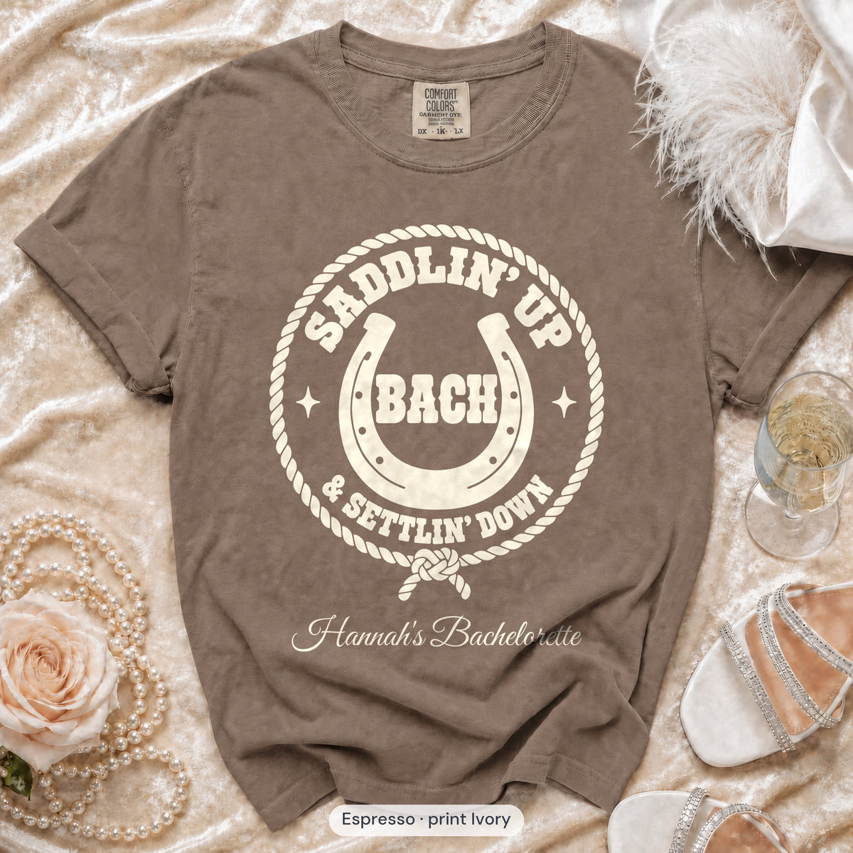 Espresso Saddlin' Up & Settlin' Down bachelorette crew t-shirt, print in ivory