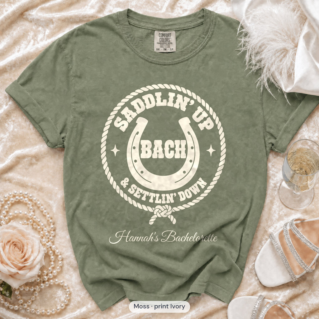 Moss Saddlin' Up & Settlin' Down bachelorette crew t-shirt, print in ivory