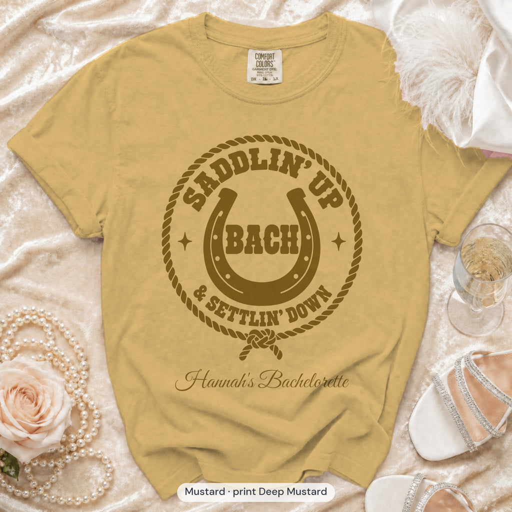 Mustard Saddlin' Up & Settlin' Down bachelorette crew t-shirt, print in deep mustard