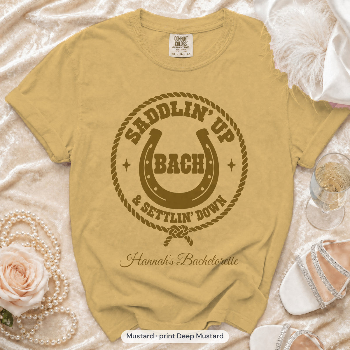 Mustard Saddlin' Up & Settlin' Down bachelorette crew t-shirt, print in deep mustard