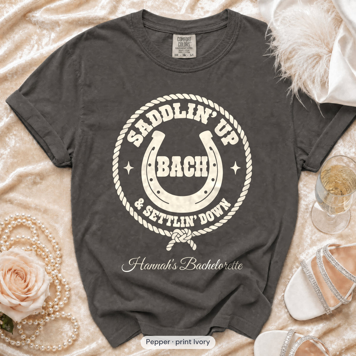 Pepper Saddlin' Up & Settlin' Down bachelorette crew t-shirt, print in ivory
