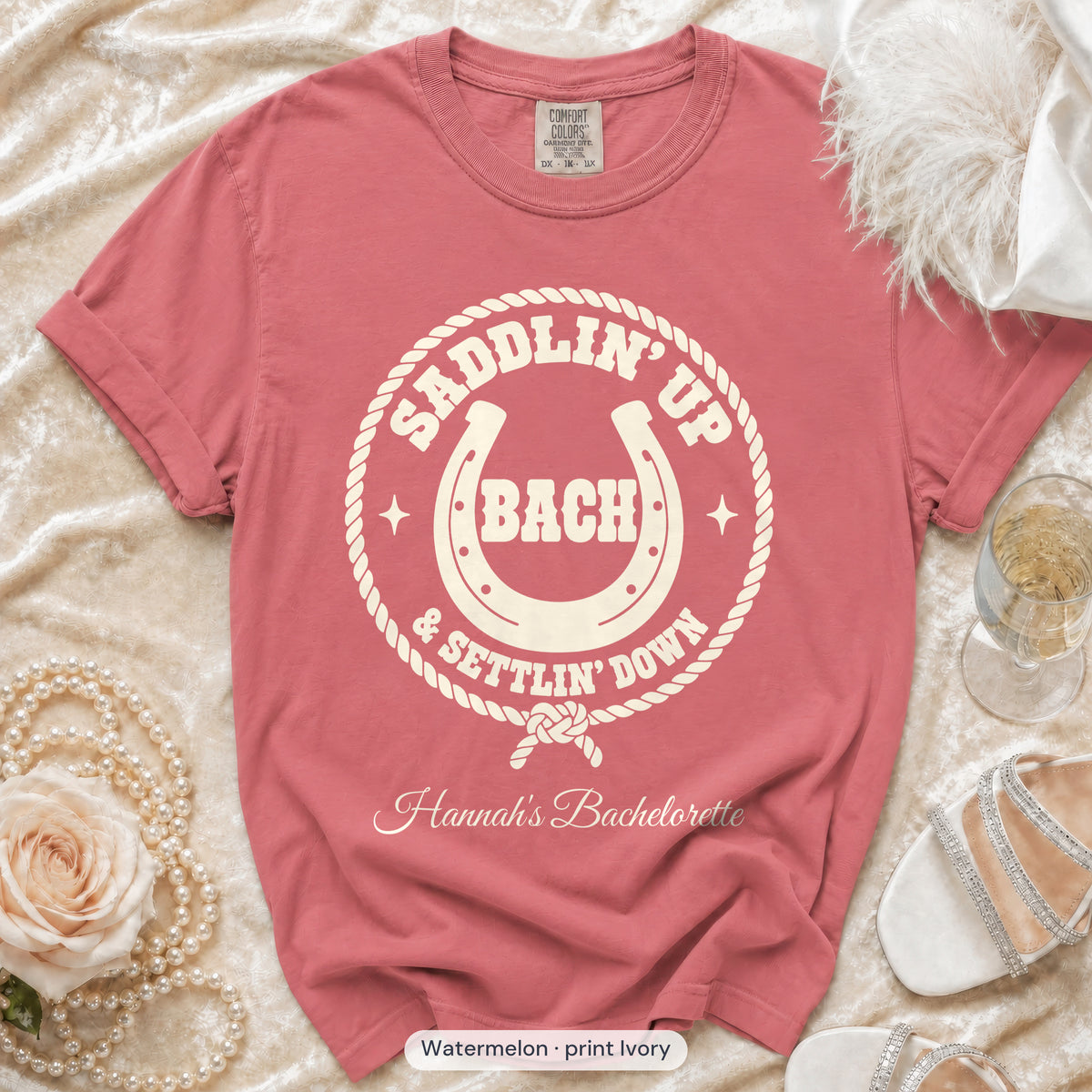 Watermelon Saddlin' Up & Settlin' Down bachelorette crew t-shirt, print in ivory