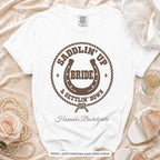 White Saddlin' Up & Settlin' Down bride t-shirt, print matches your crew colour