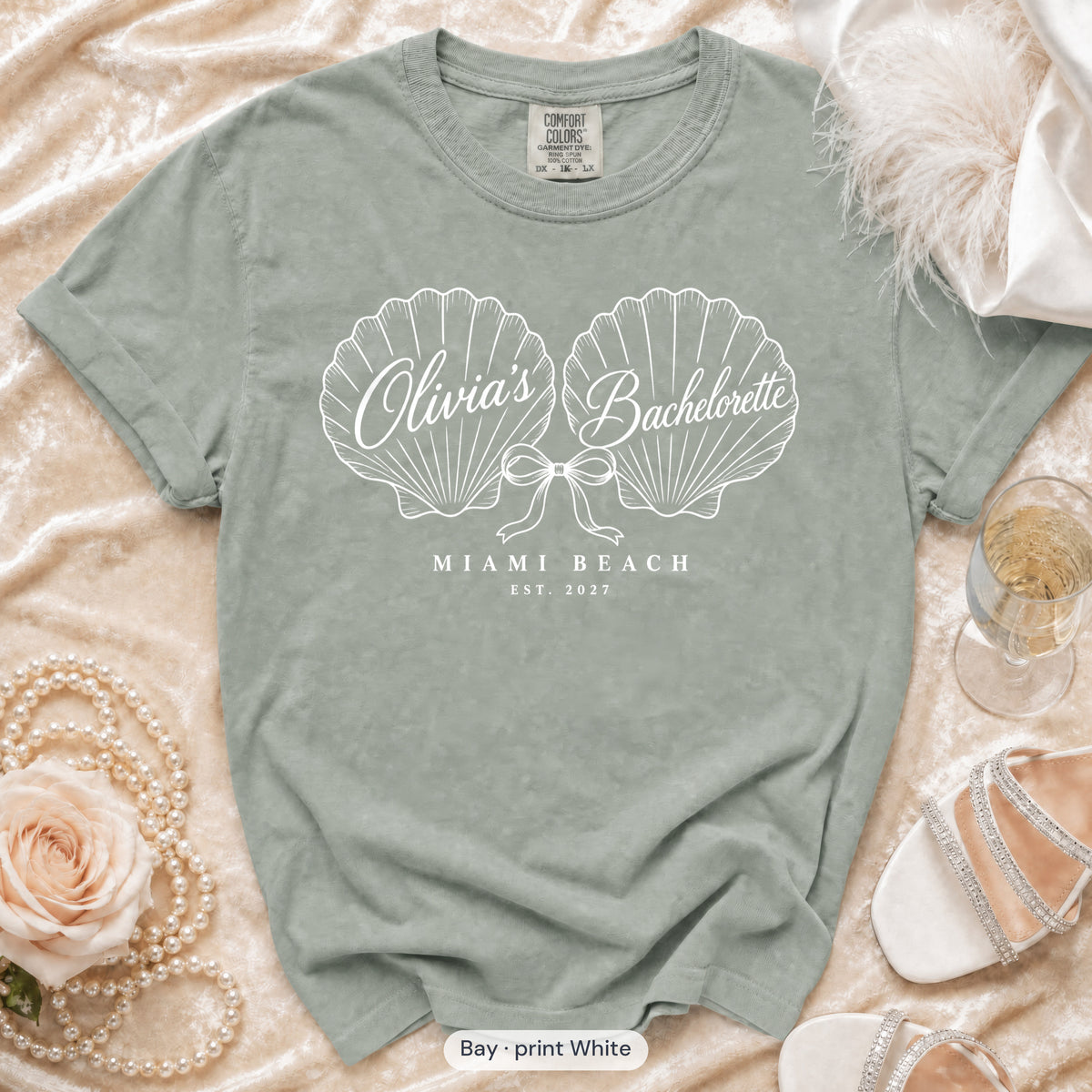 Bay Seashell Bachelorette bachelorette crew t-shirt, print in white