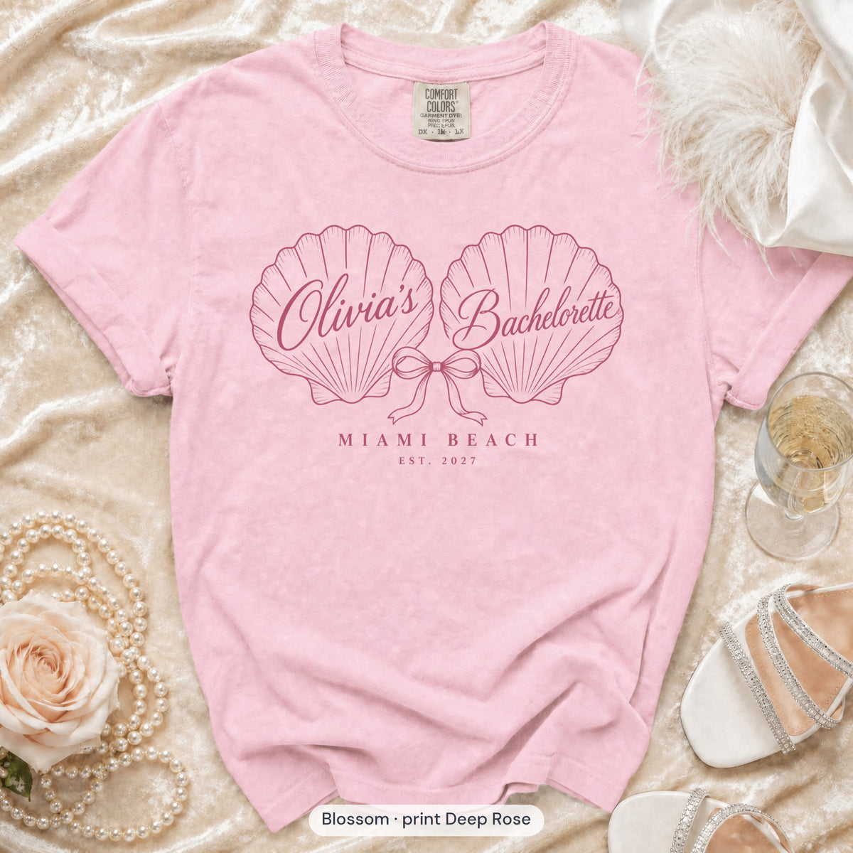 Blossom Seashell Bachelorette bachelorette crew t-shirt, print in deep rose