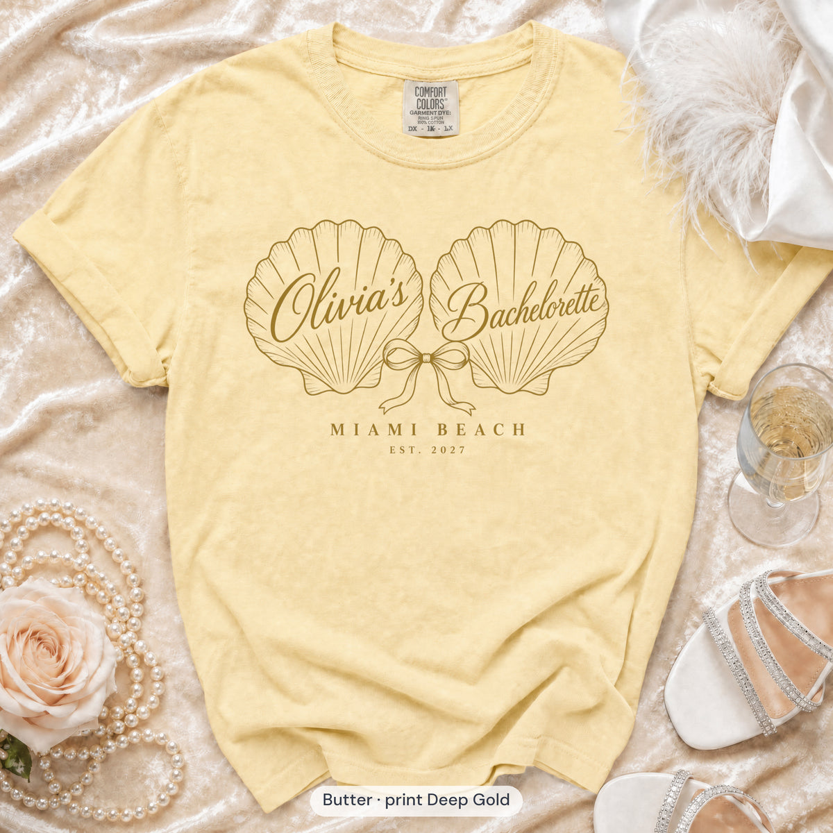 Butter Seashell Bachelorette bachelorette crew t-shirt, print in deep gold