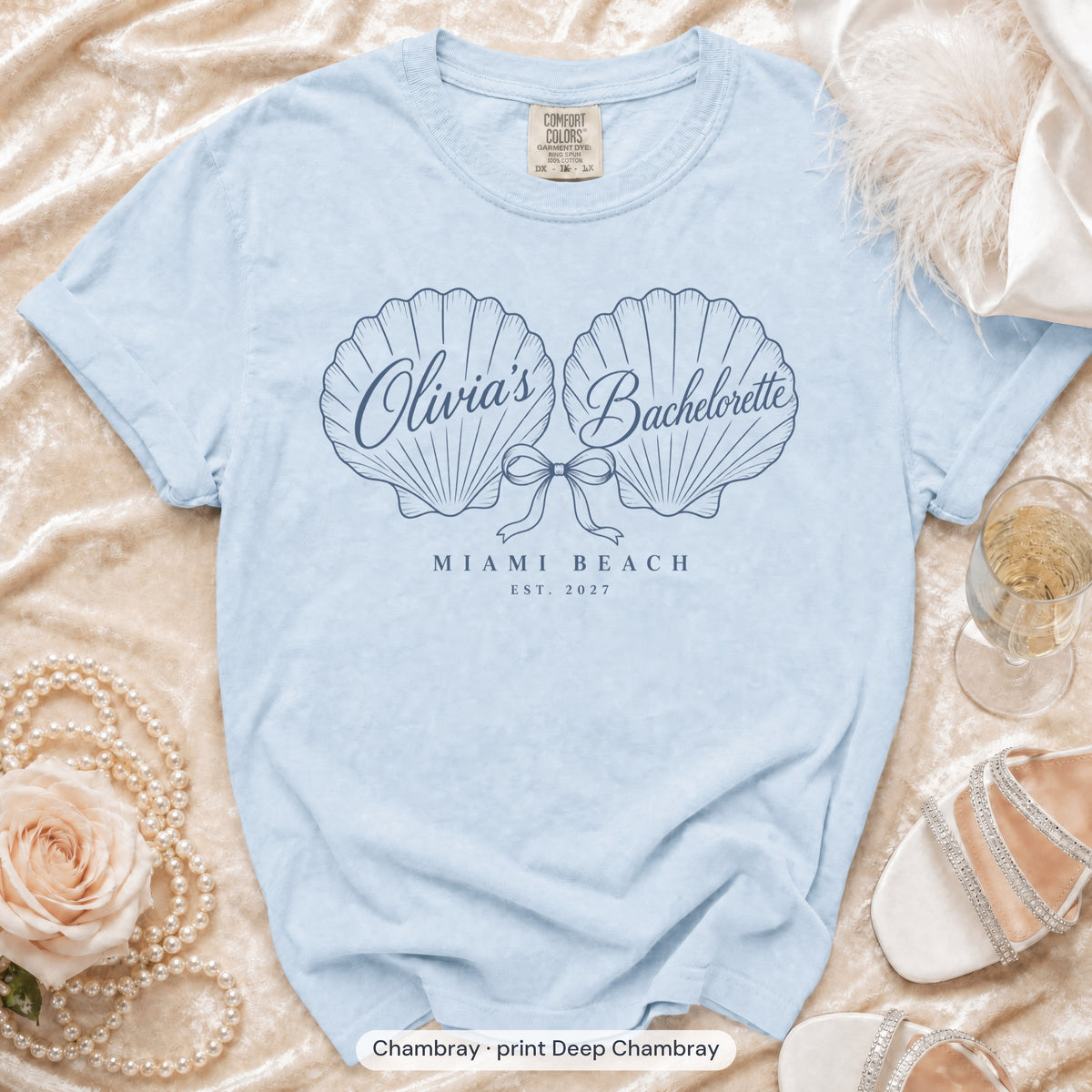 Chambray Seashell Bachelorette bachelorette crew t-shirt, print in deep chambray