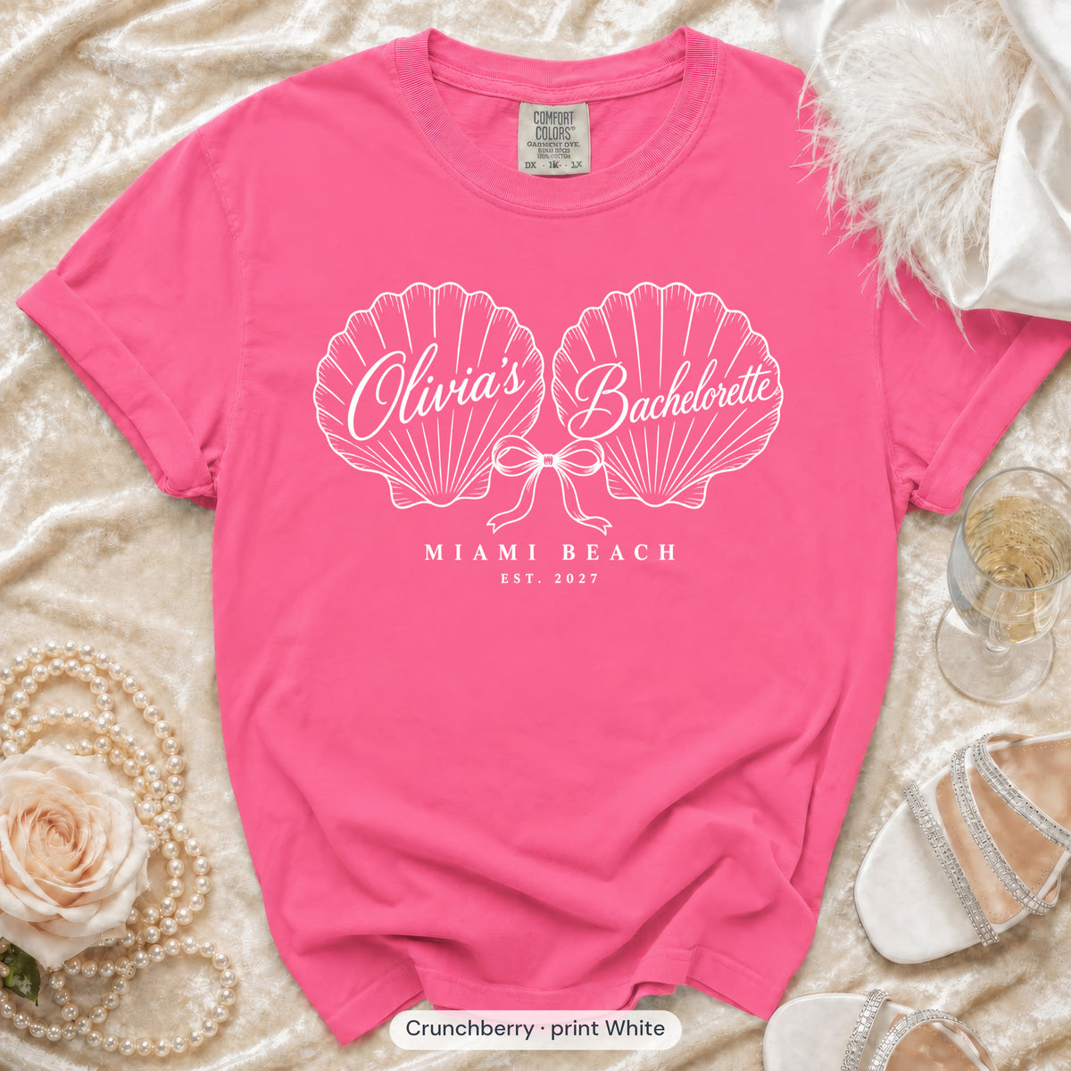 Crunchberry Seashell Bachelorette bachelorette crew t-shirt, print in white