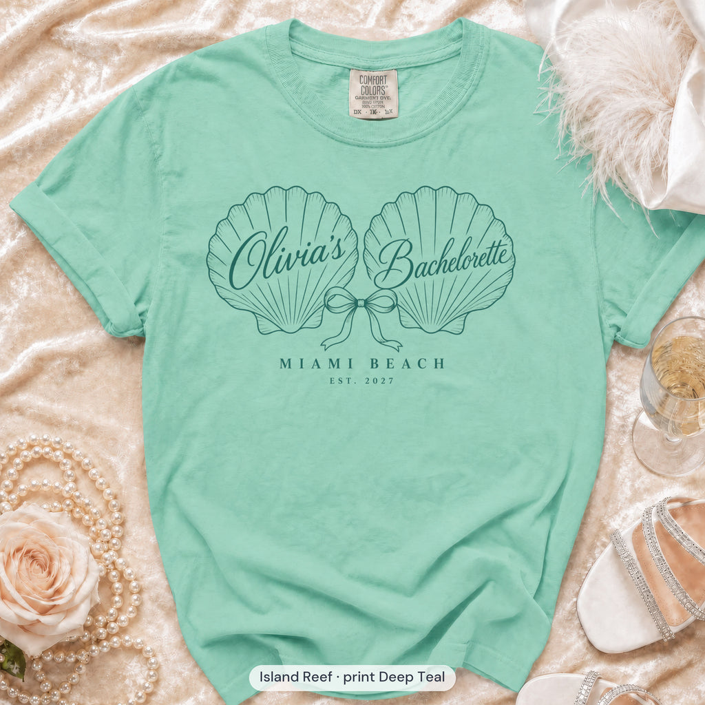 Island Reef Seashell Bachelorette bachelorette crew t-shirt, print in deep teal
