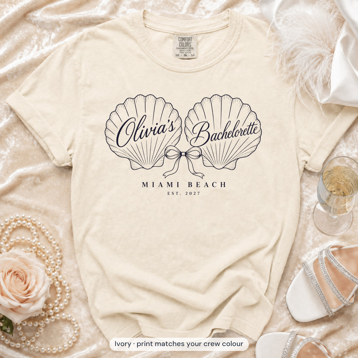 Ivory Seashell Bachelorette bride t-shirt, print matches your crew colour