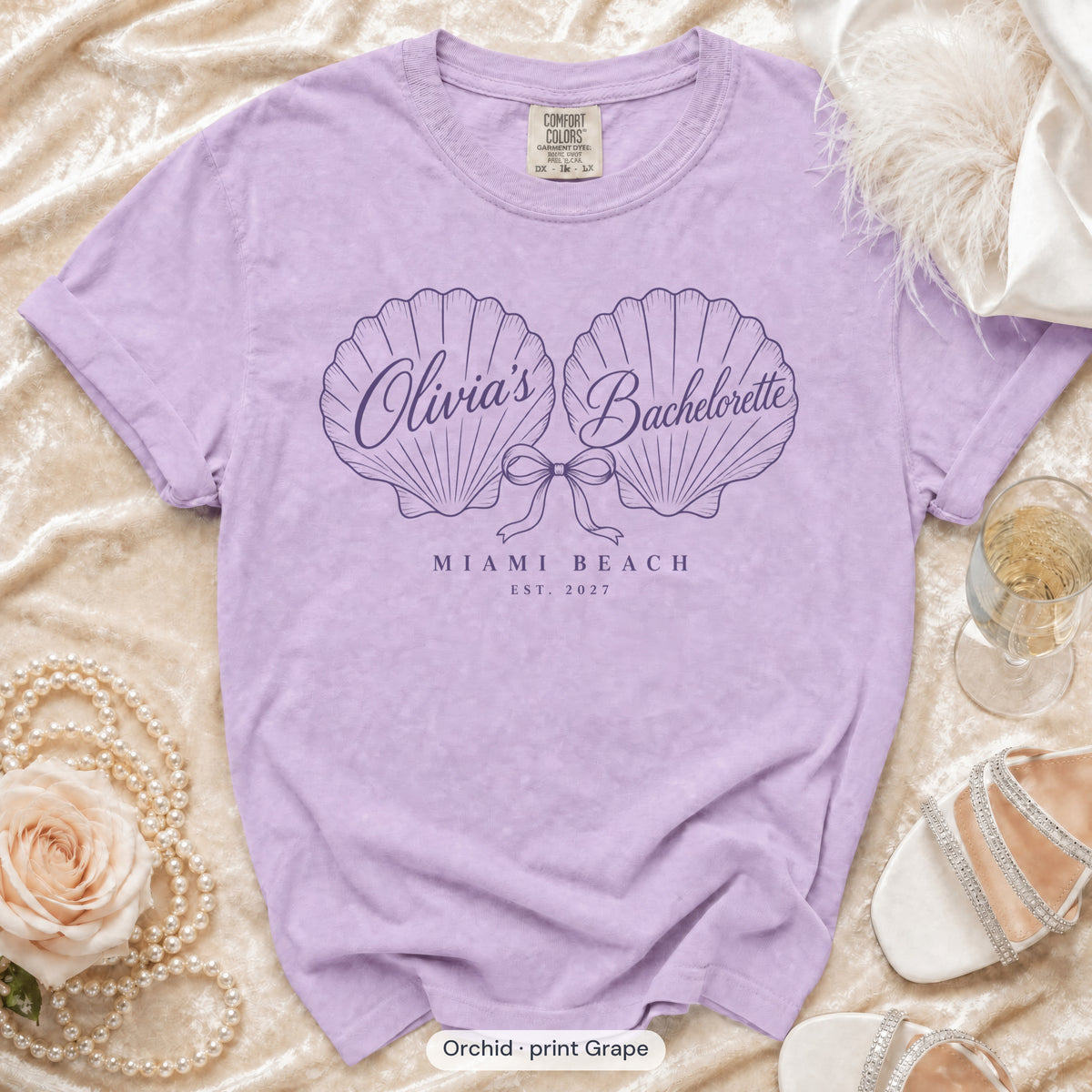 Orchid Seashell Bachelorette bachelorette crew t-shirt, print in grape
