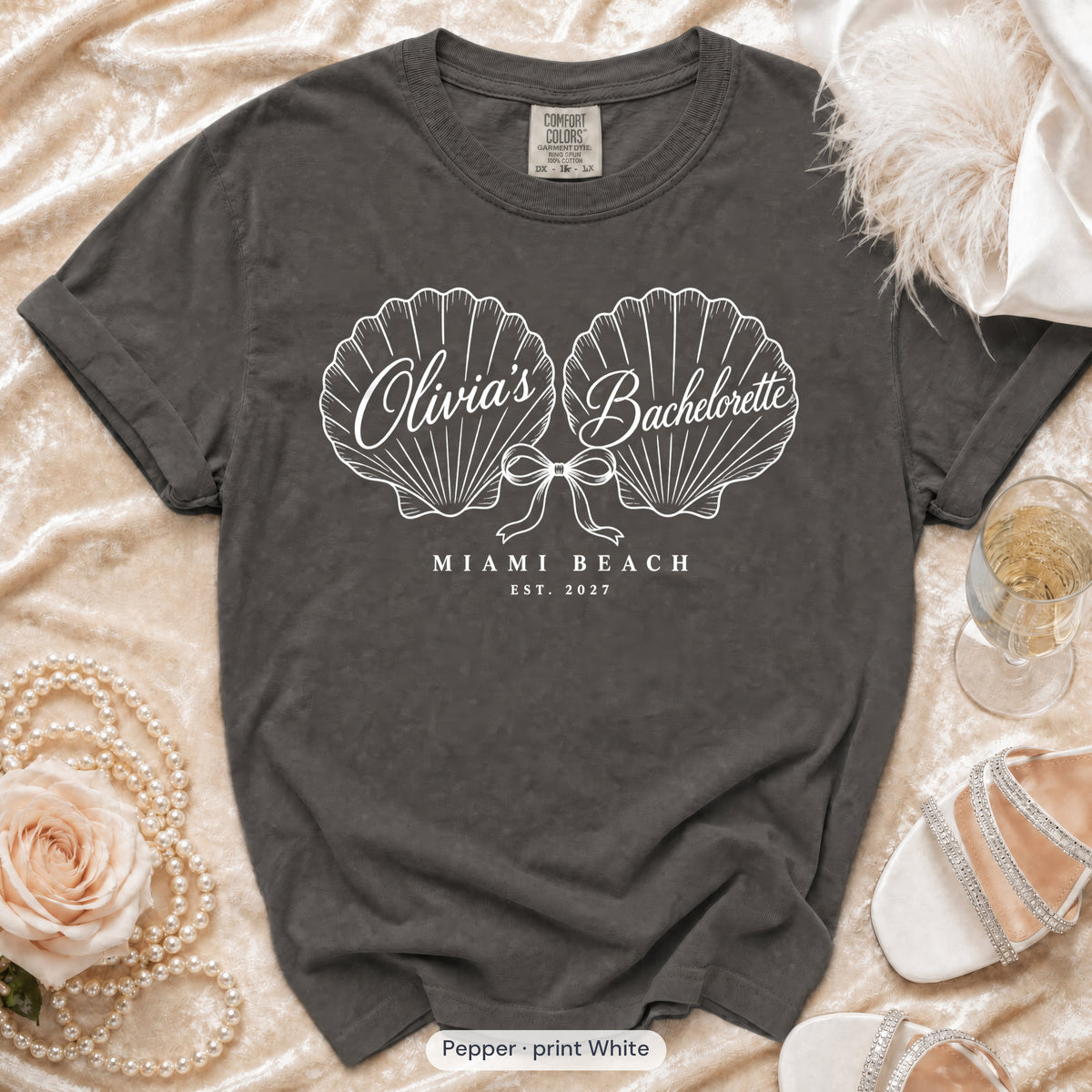 Pepper Seashell Bachelorette bachelorette crew t-shirt, print in white
