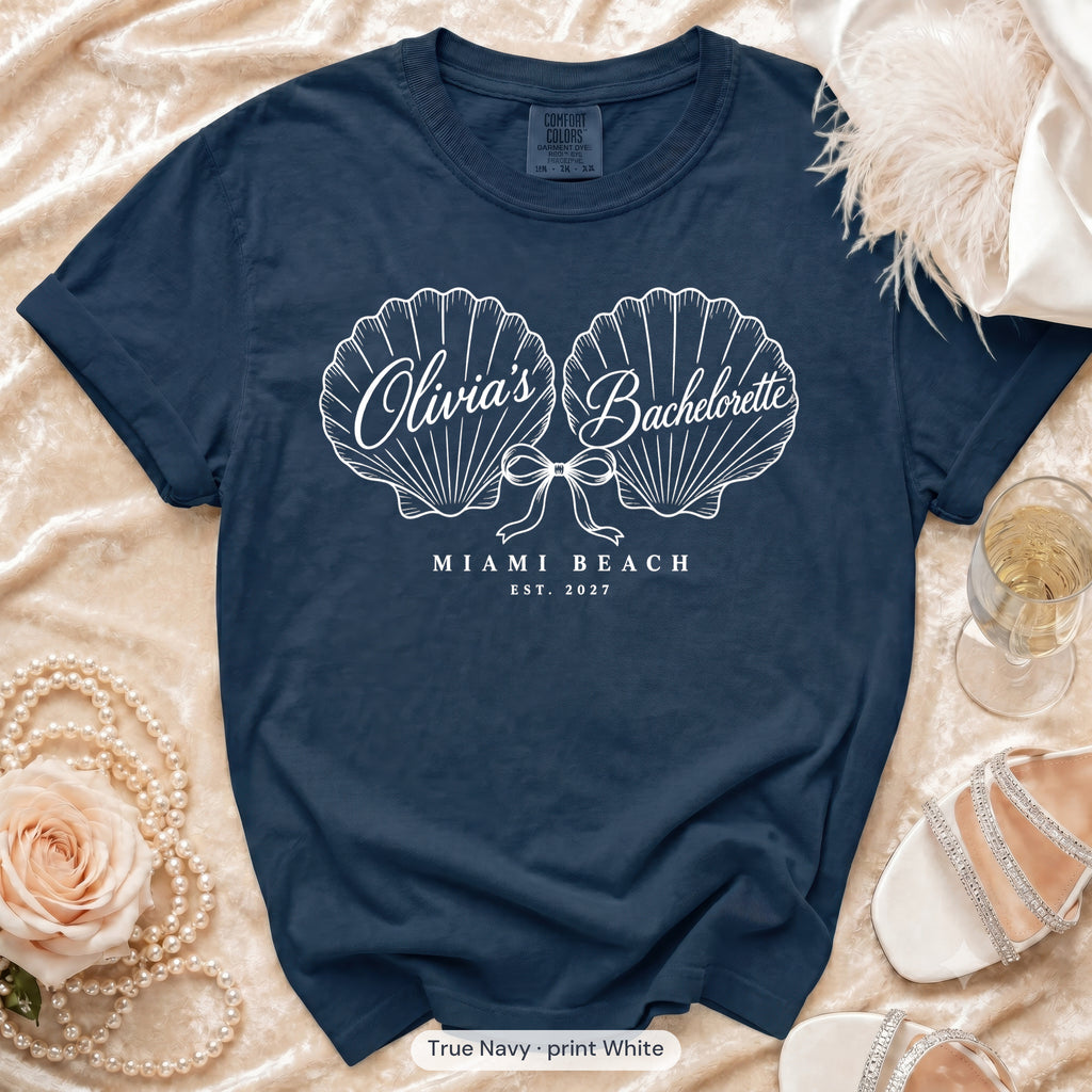 True Navy Seashell Bachelorette bachelorette crew t-shirt, print in white