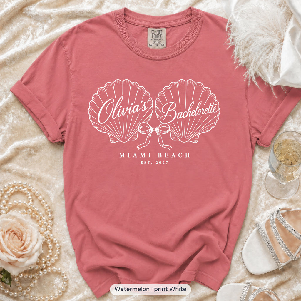 Watermelon Seashell Bachelorette bachelorette crew t-shirt, print in white