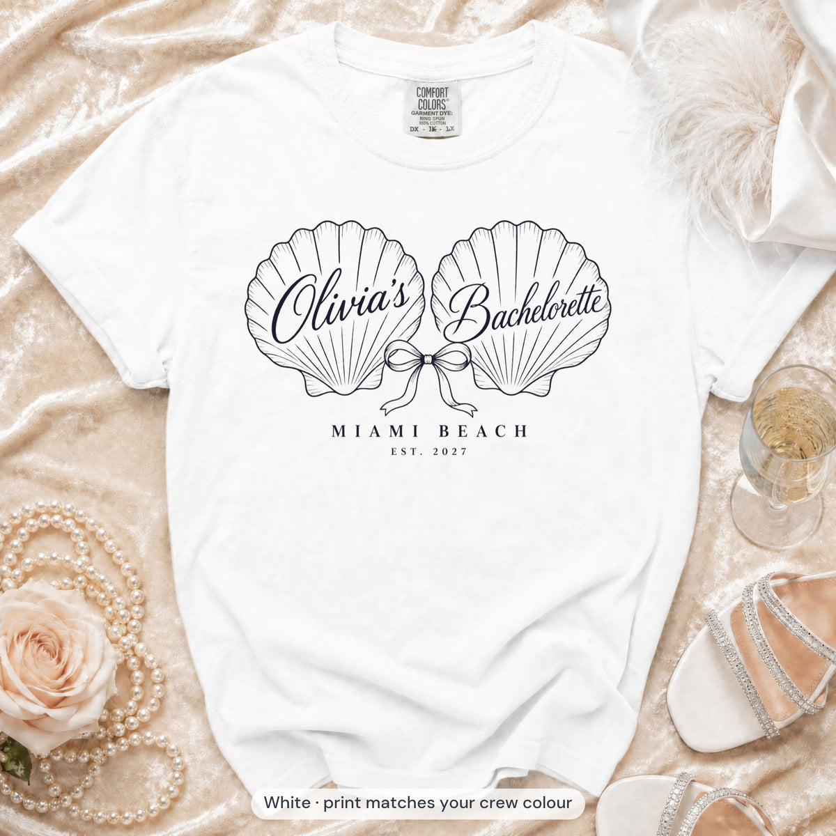 White Seashell Bachelorette bride t-shirt, print matches your crew colour