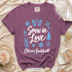 Berry Snow In Love bachelorette crew t-shirt, print in white
