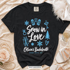 Black Snow In Love bachelorette crew t-shirt, print in white