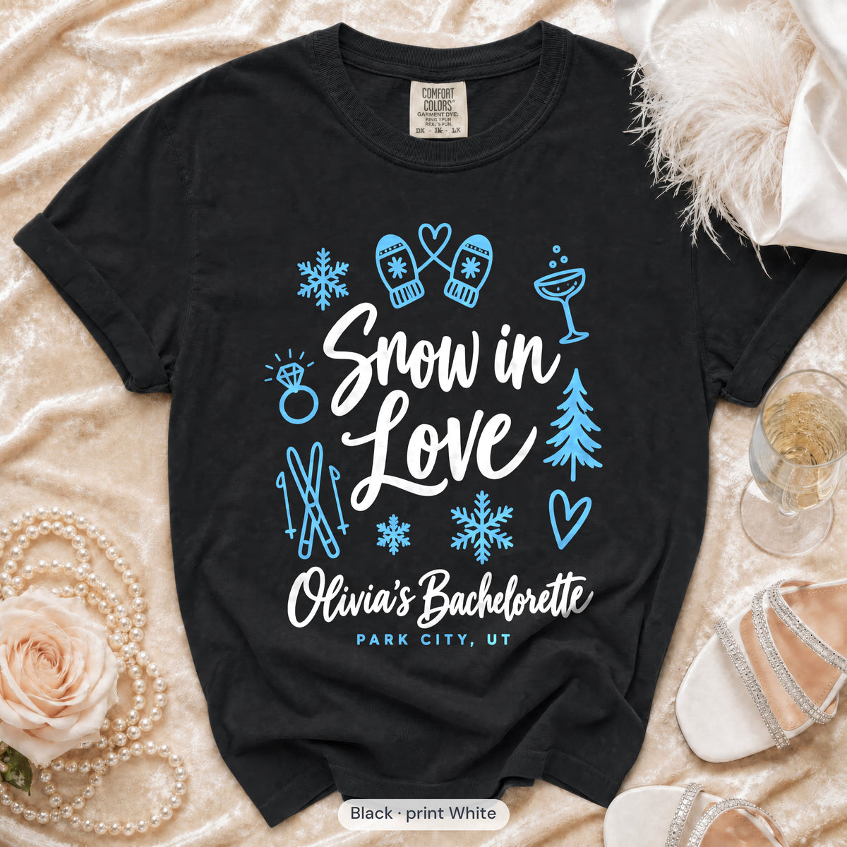 Black Snow In Love bachelorette crew t-shirt, print in white