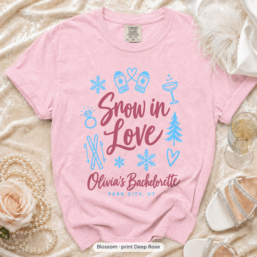 Blossom Snow In Love bachelorette crew t-shirt, print in deep rose