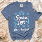 Blue Jean Snow In Love bachelorette crew t-shirt, print in white