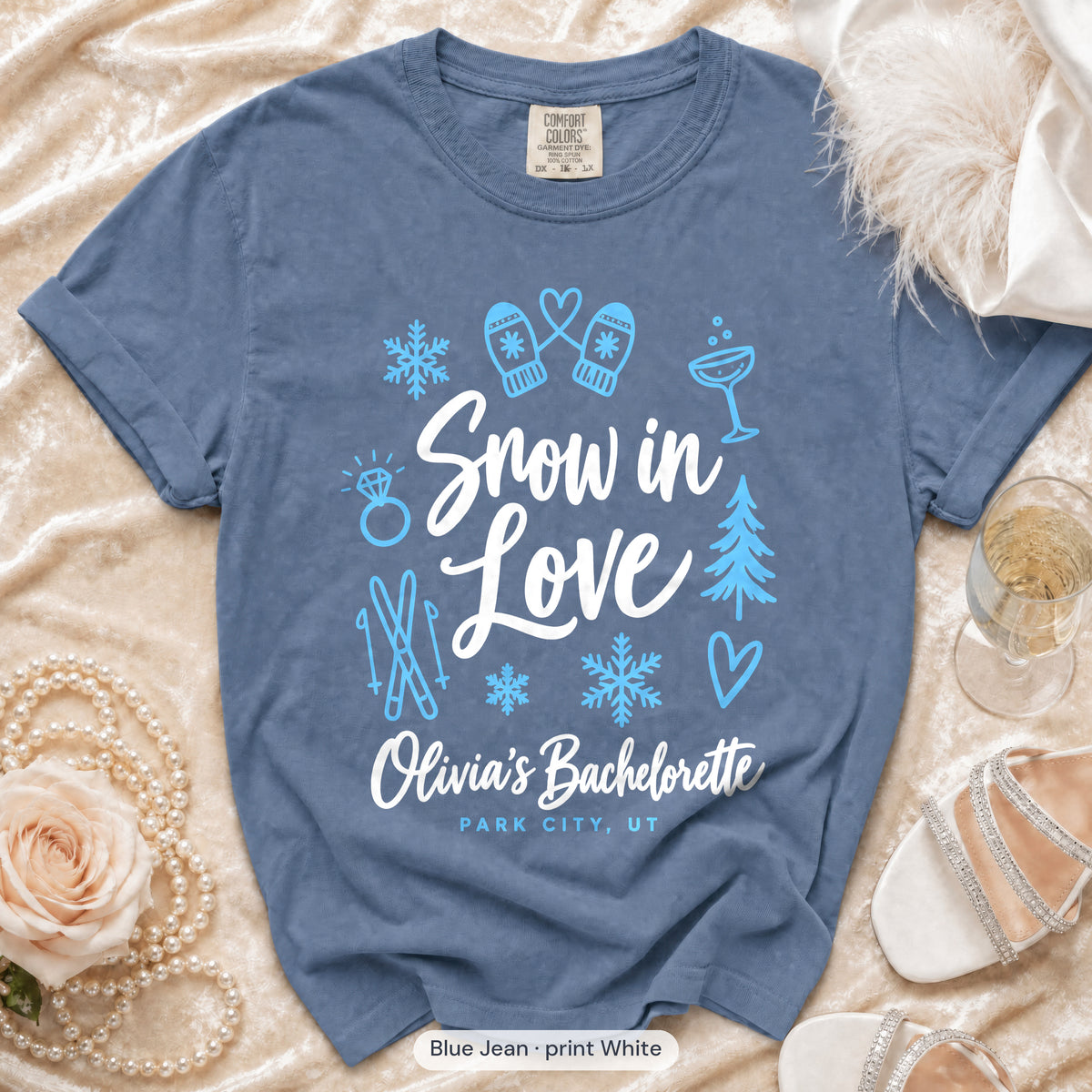Blue Jean Snow In Love bachelorette crew t-shirt, print in white