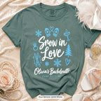 Blue Spruce Snow In Love bachelorette crew t-shirt, print in white