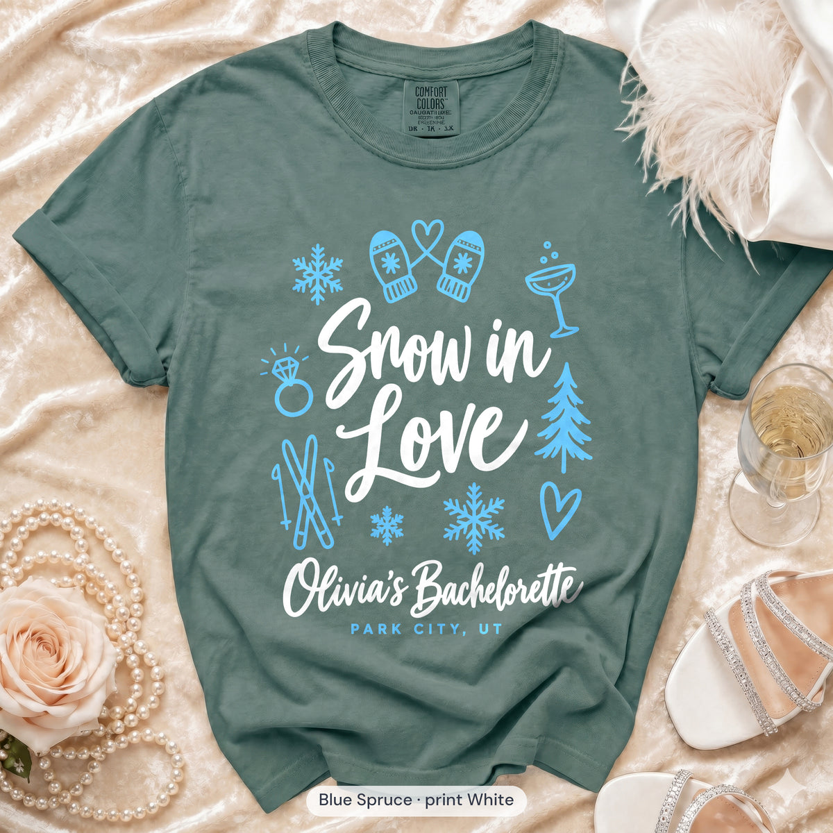 Blue Spruce Snow In Love bachelorette crew t-shirt, print in white