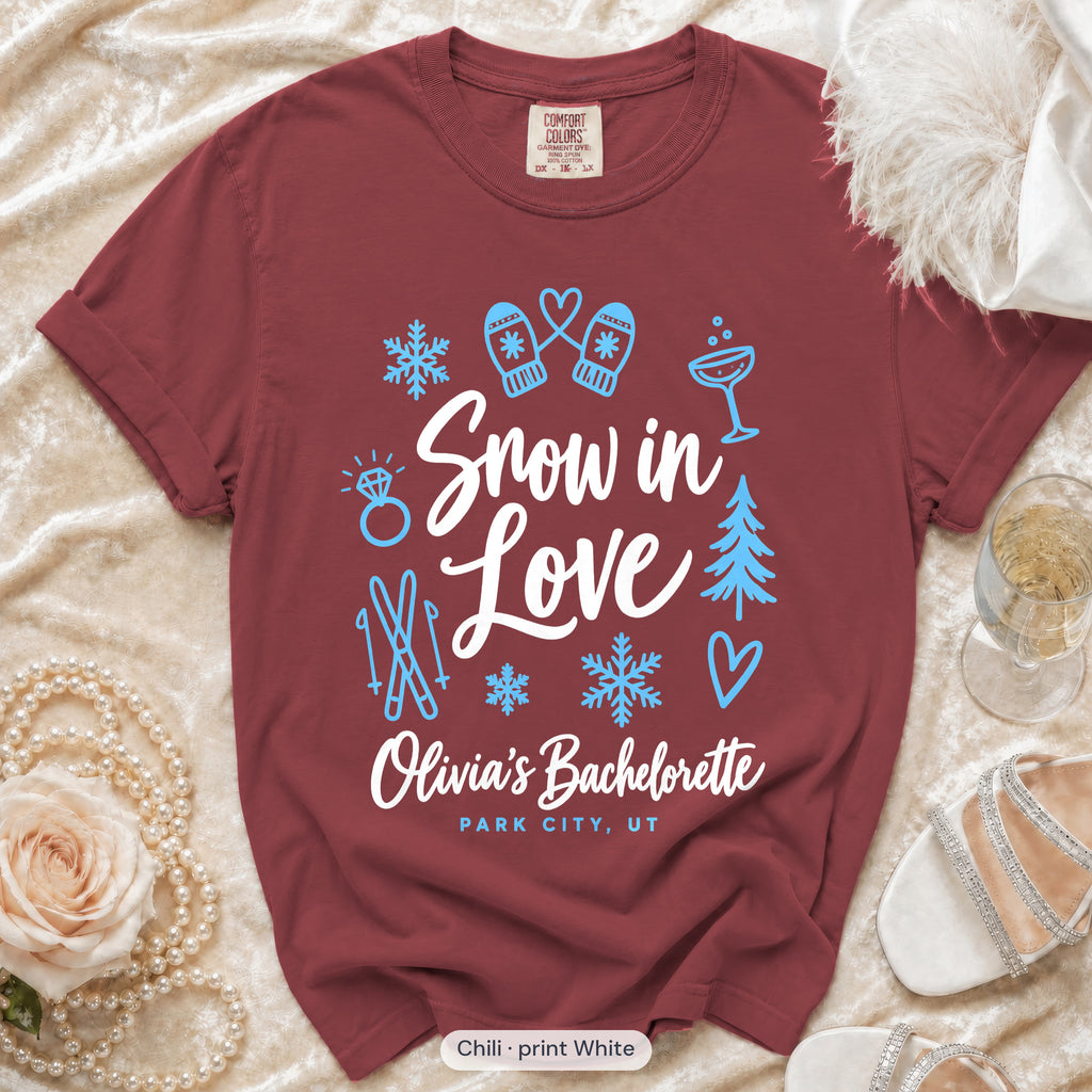 Chili Snow In Love bachelorette crew t-shirt, print in white